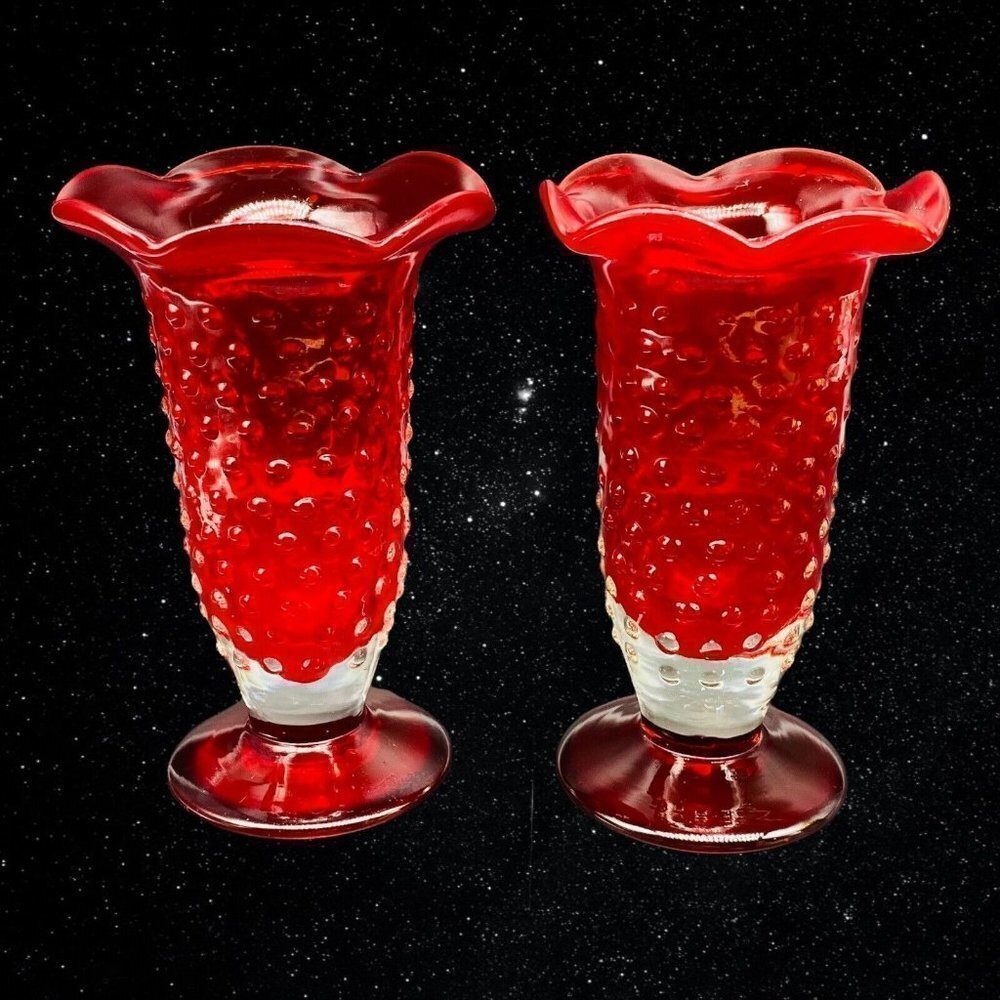 Vintage Set of 2 Art Glass Hand Blown Ruby Red Hobnail‎ Bud Vases 6”T 3.75”W